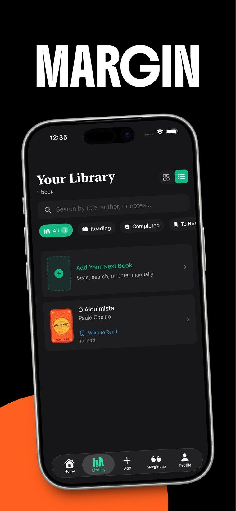 Margin's library screen listing a book with its reading status