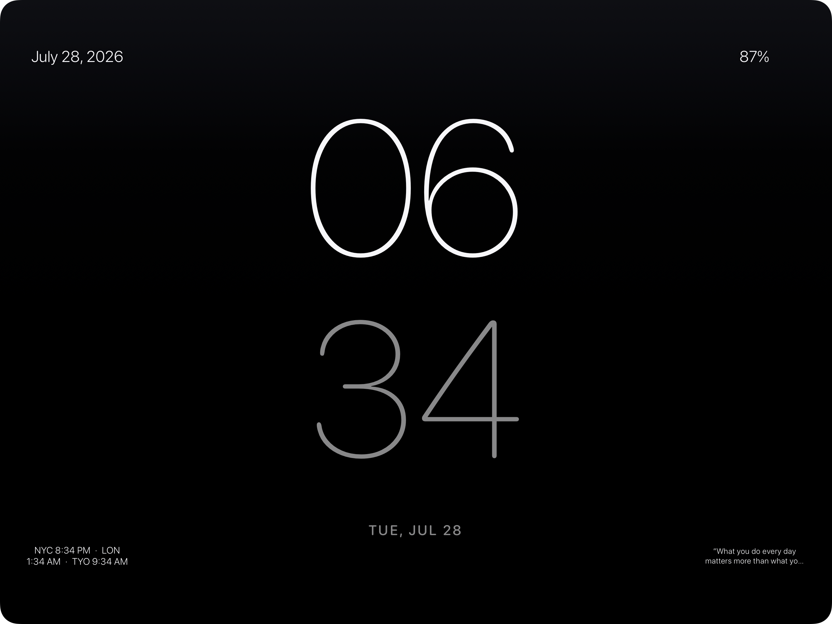 Idle showing a calm black iPad clock display